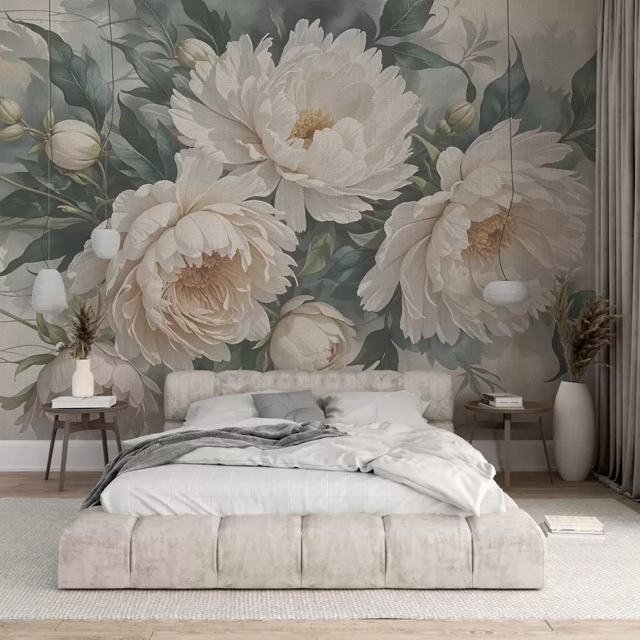 Fototapete Strukturierte große weiße Pfingstrosenblüten mit grünen Blättern, ein üppiges und romantisches Blumenarrangement w08377