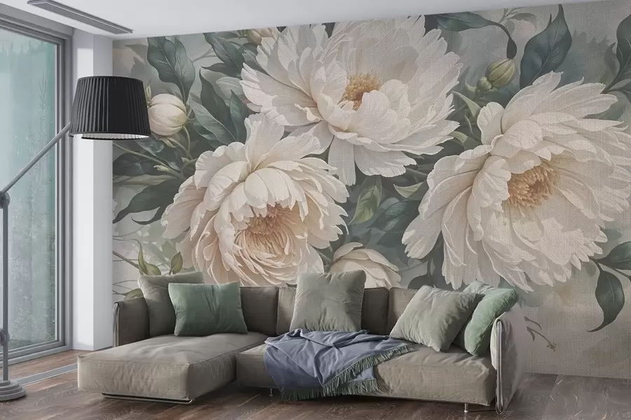 Fototapete Strukturierte große weiße Pfingstrosenblüten mit grünen Blättern, ein üppiges und romantisches Blumenarrangement w08377
