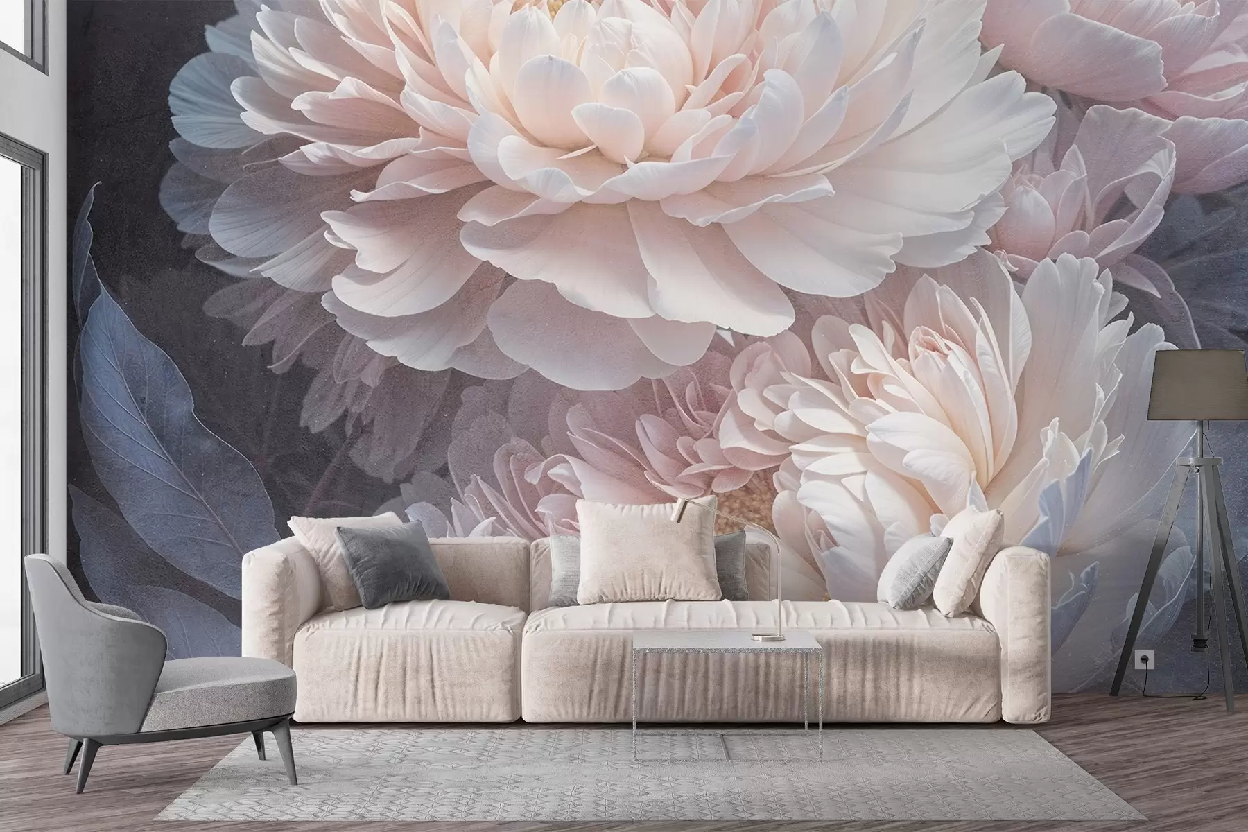 Fototapete Eine Nahaufnahme von zwei großen, zartrosa Pfingstrosen mit weichen, flauschigen Blütenblättern und Blättern vor einem unscharfen Hintergrund w08382