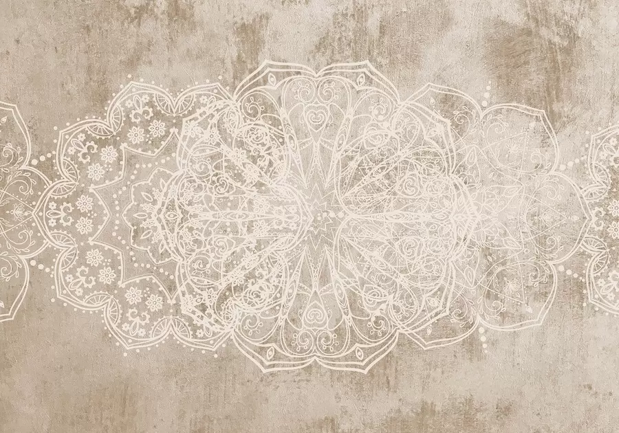 Fototapete Ein detailliertes, kompliziertes weißes Spitzenmandala-Muster auf einem strukturierten beige-braunen Loft-Wandhintergrund w08387v1