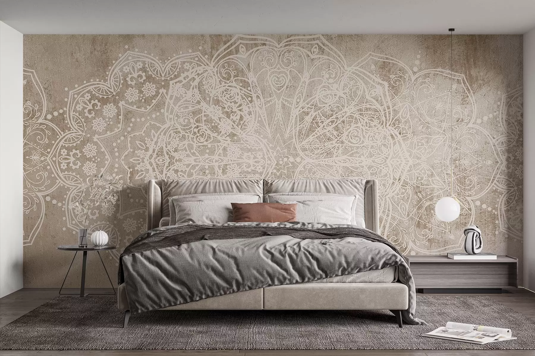 Fototapete Ein detailliertes, kompliziertes weißes Spitzenmandala-Muster auf einem strukturierten beige-braunen Loft-Wandhintergrund w08387v1