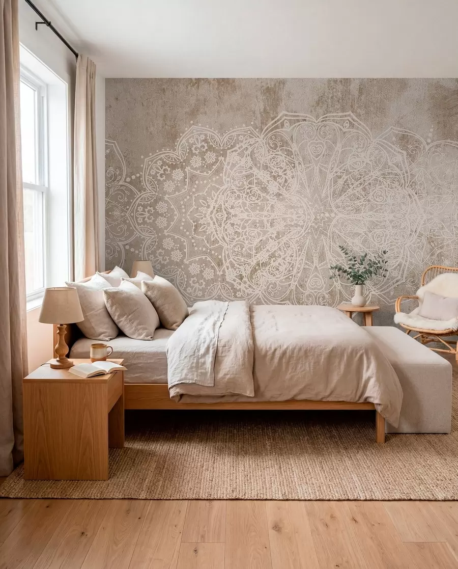 Fototapete Ein detailliertes, kompliziertes weißes Spitzenmandala-Muster auf einem strukturierten beige-braunen Loft-Wandhintergrund w08387v1