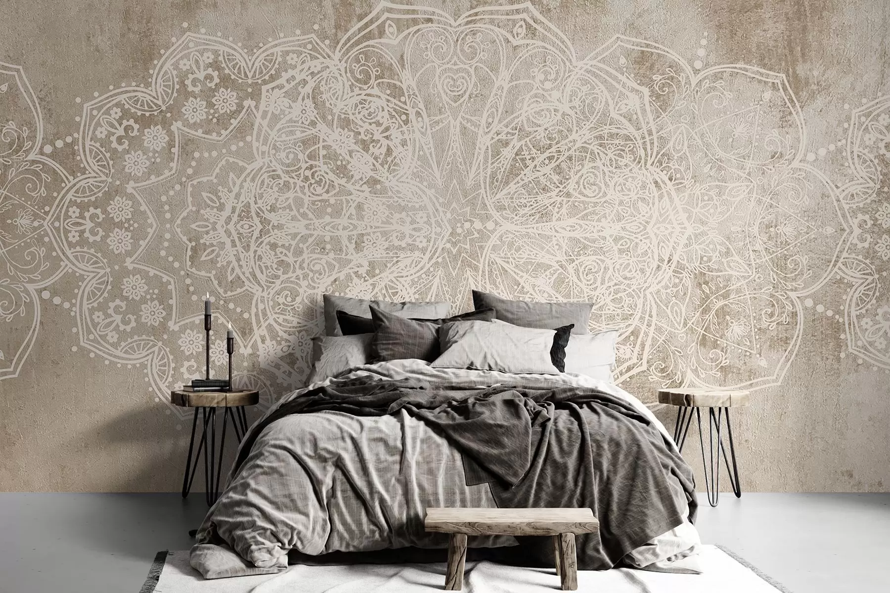 Fototapete Ein detailliertes, kompliziertes weißes Spitzenmandala-Muster auf einem strukturierten beige-braunen Loft-Wandhintergrund w08387v1