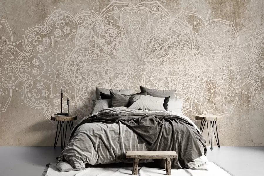 Fototapete Ein detailliertes, kompliziertes weißes Spitzenmandala-Muster auf einem strukturierten beige-braunen Loft-Wandhintergrund w08387v1