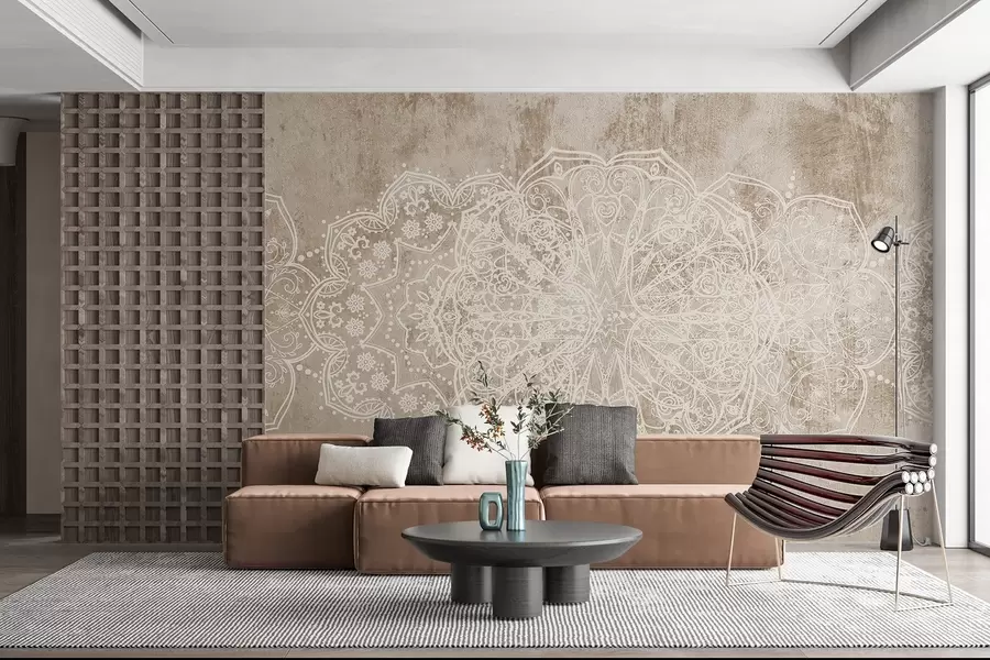 Fototapete Ein detailliertes, kompliziertes weißes Spitzenmandala-Muster auf einem strukturierten beige-braunen Loft-Wandhintergrund w08387v1