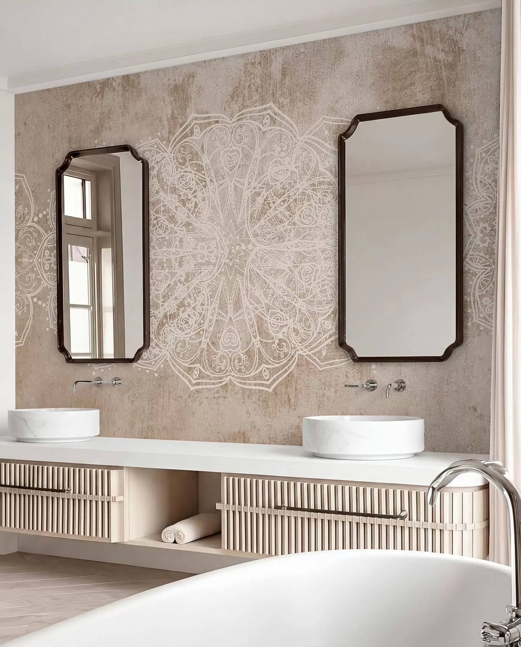 Fototapete Ein detailliertes, kompliziertes weißes Spitzenmandala-Muster auf einem strukturierten beige-braunen Loft-Wandhintergrund w08387v1