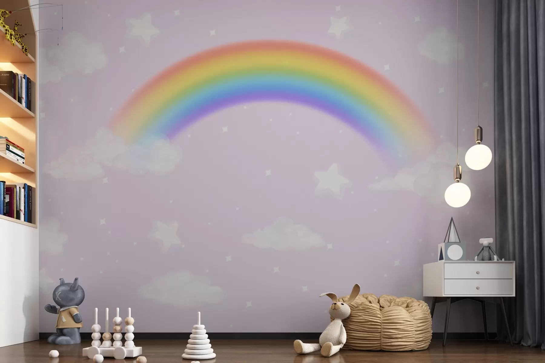 Fototapete Skurriler Regenbogen zwischen flauschigen Wolken w00013