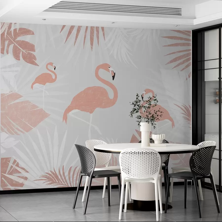 Fototapete Flamingos zwischen tropischen Blättern Design w00791