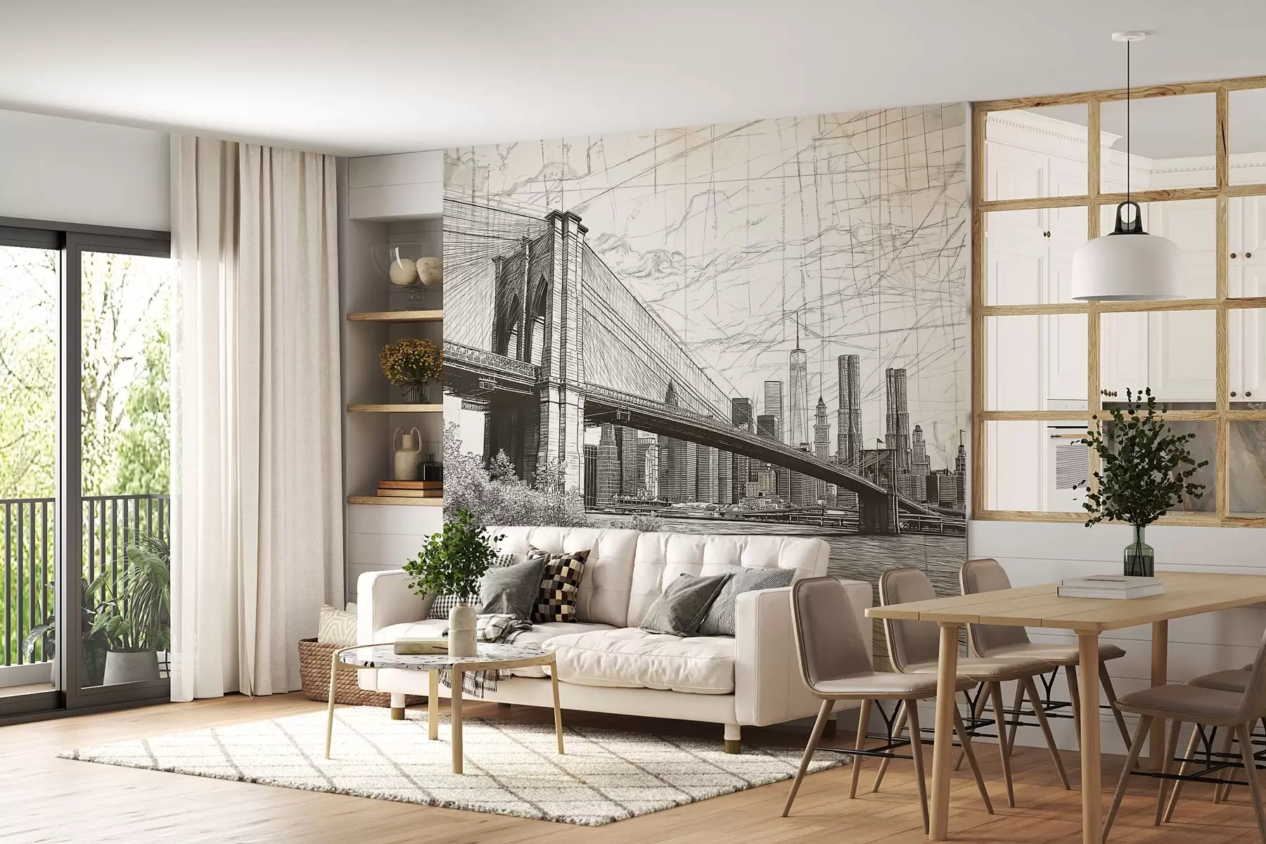 Fototapete Panorama der Brooklyn Bridge in einer skizzenhaften Retrotechnik mit Linien und Kratzern w01961