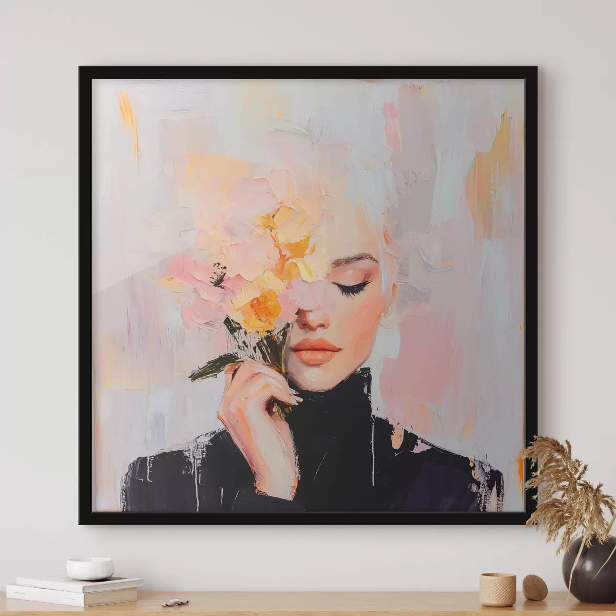 Poster Abstrakte Frau mit einem Blumenstrauß in den Händen mit Pinselstrichen f41355