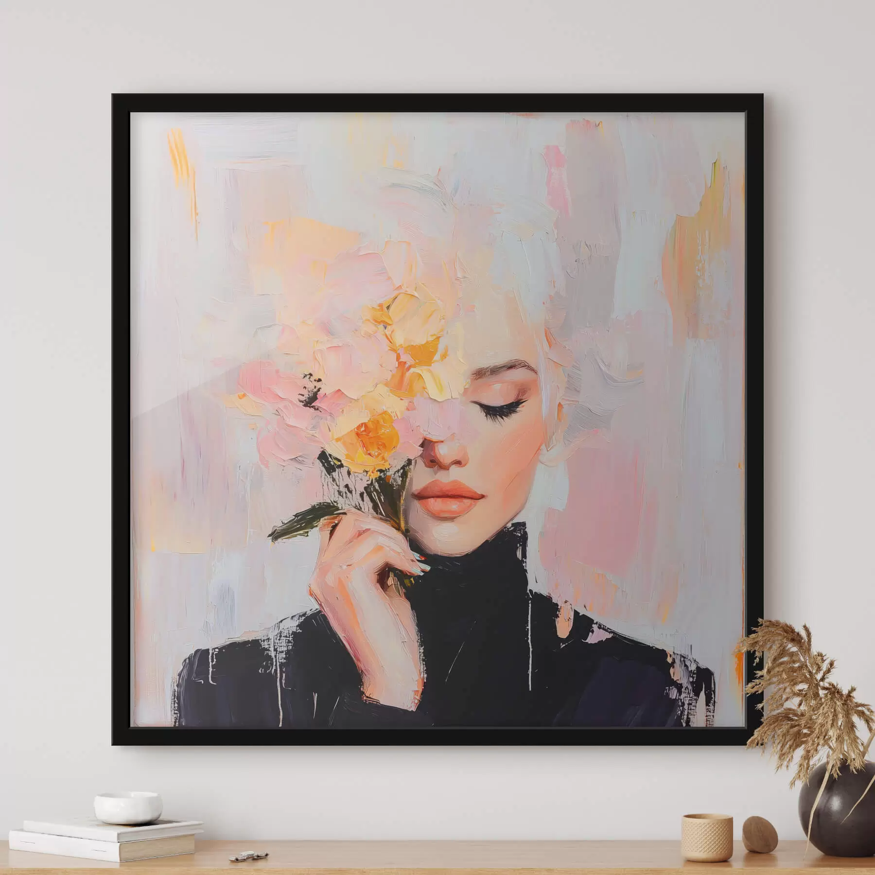 Fototapete Abstrakte Frau mit einem Blumenstrauß in den Händen mit Pinselstrichen f41355