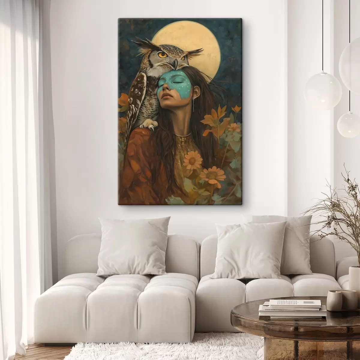 Wandbilder Frau mit Eule, Tribal-Stil, Vollmond, Blumen s41444