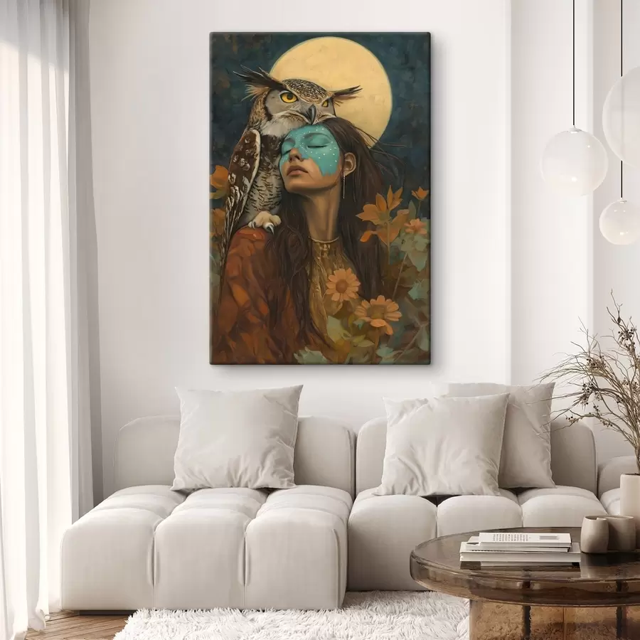 Wandbilder Frau mit Eule, Tribal-Stil, Vollmond, Blumen s41444