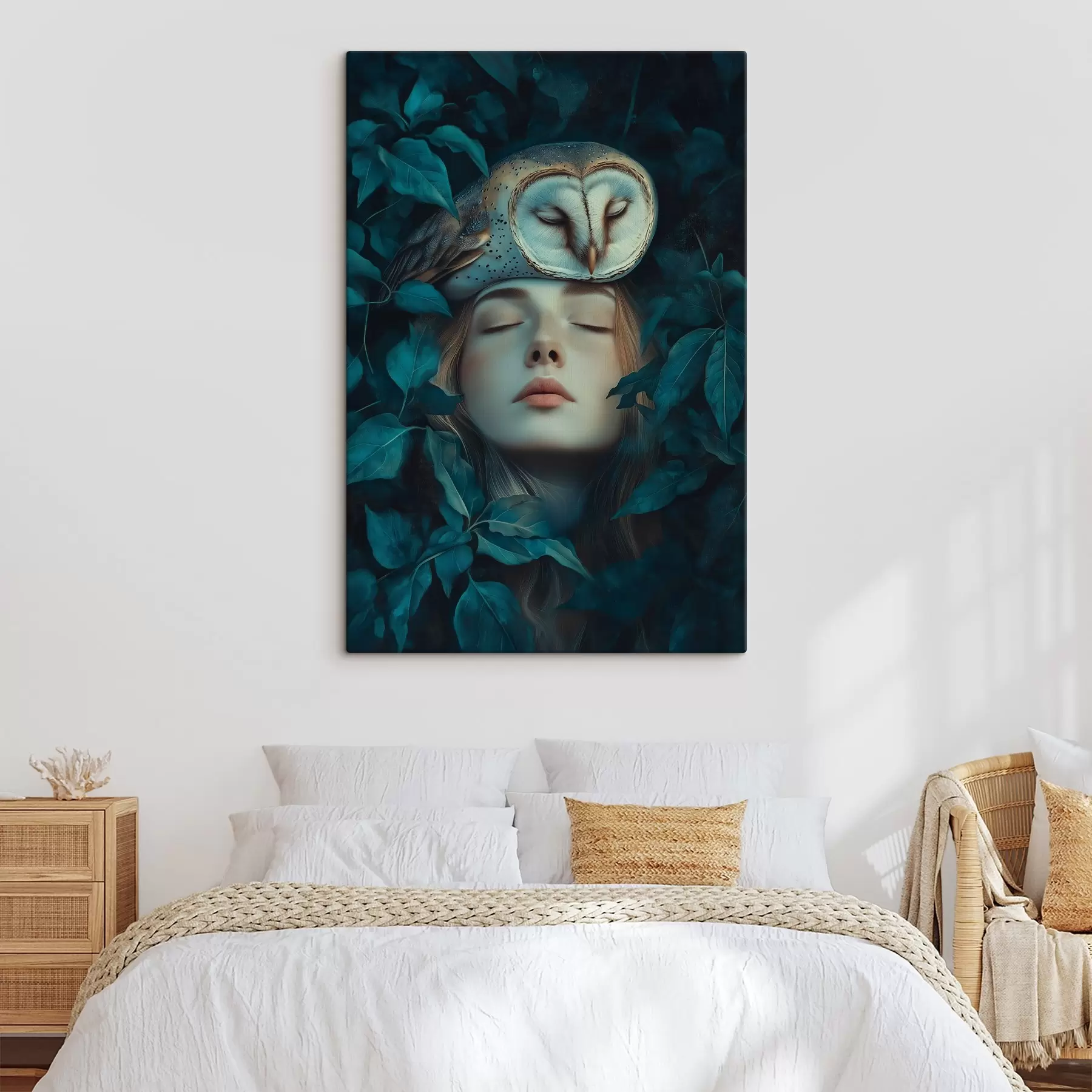 Fototapete Frau mit Eule in den grünen Blättern, friedlich, Natur s41445