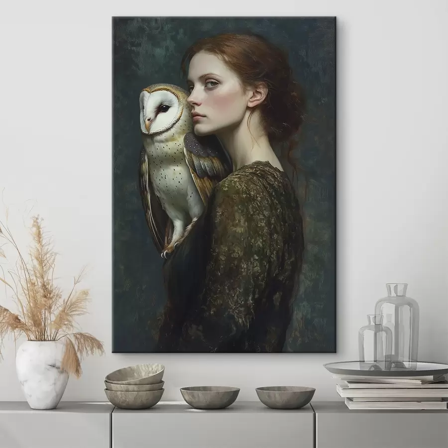 Wandbilder Frauenporträt mit Eule auf der Schulter, Pinselstriche, Acryl s41447
