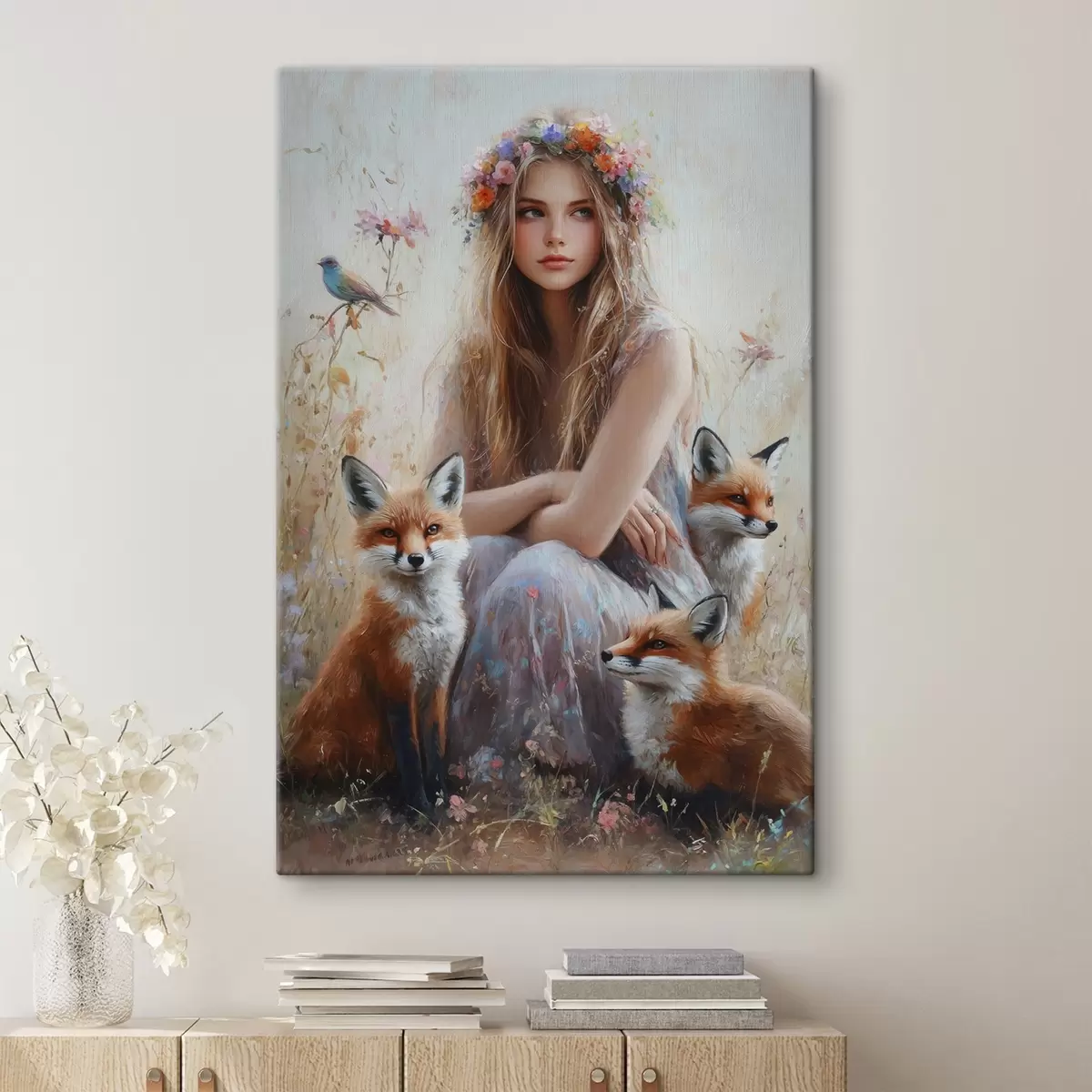 Wandbilder Mädchen auf der Wiese, wilde Tiere, Füchse, Vögel, Blumenkranz s41451