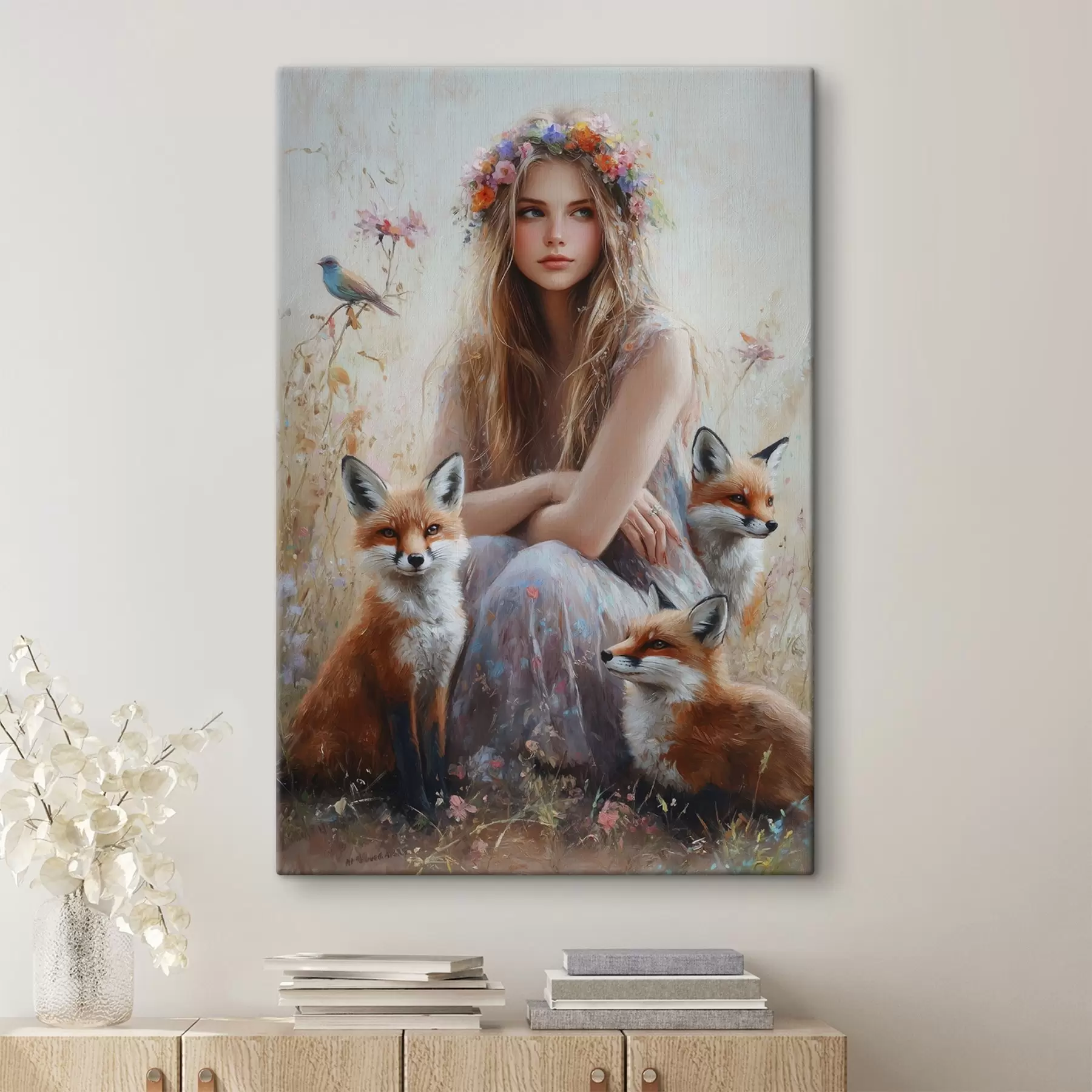 Wandbilder Mädchen auf der Wiese, wilde Tiere, Füchse, Vögel, Blumenkranz s41451