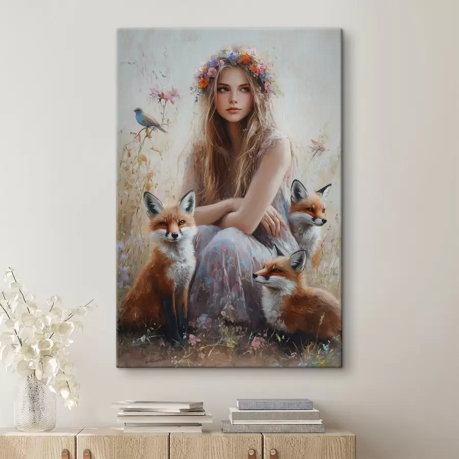 Wandbilder Mädchen auf der Wiese, wilde Tiere, Füchse, Vögel, Blumenkranz s41451