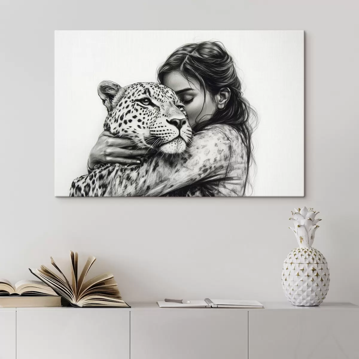 Wandbilder Frau mit Leopard, wilde Tiere, Bleistiftzeichnung, schwarz-weiß s41455