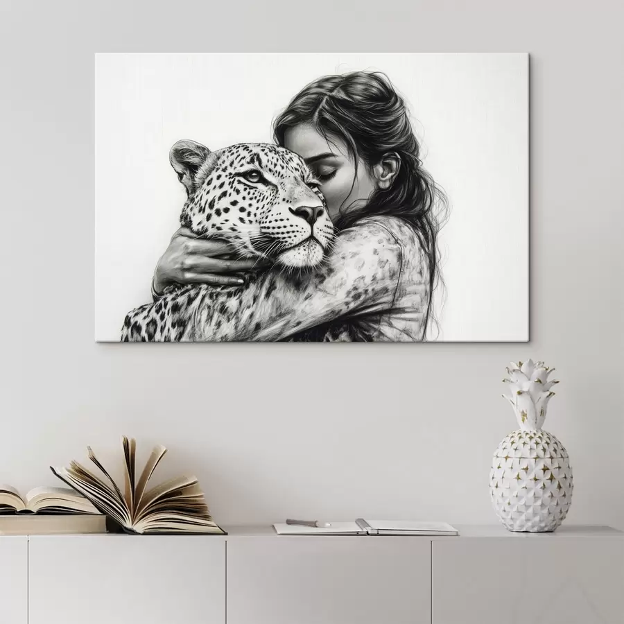 Wandbilder Frau mit Leopard, wilde Tiere, Bleistiftzeichnung, schwarz-weiß s41455