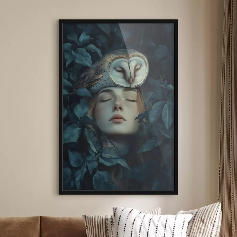 Wandbilder Frau mit Eule in den grünen Blättern, friedlich, Natur f41445