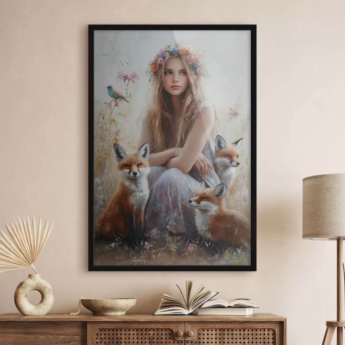 Poster Mädchen auf der Wiese, wilde Tiere, Füchse, Vögel, Blumenkranz f41451