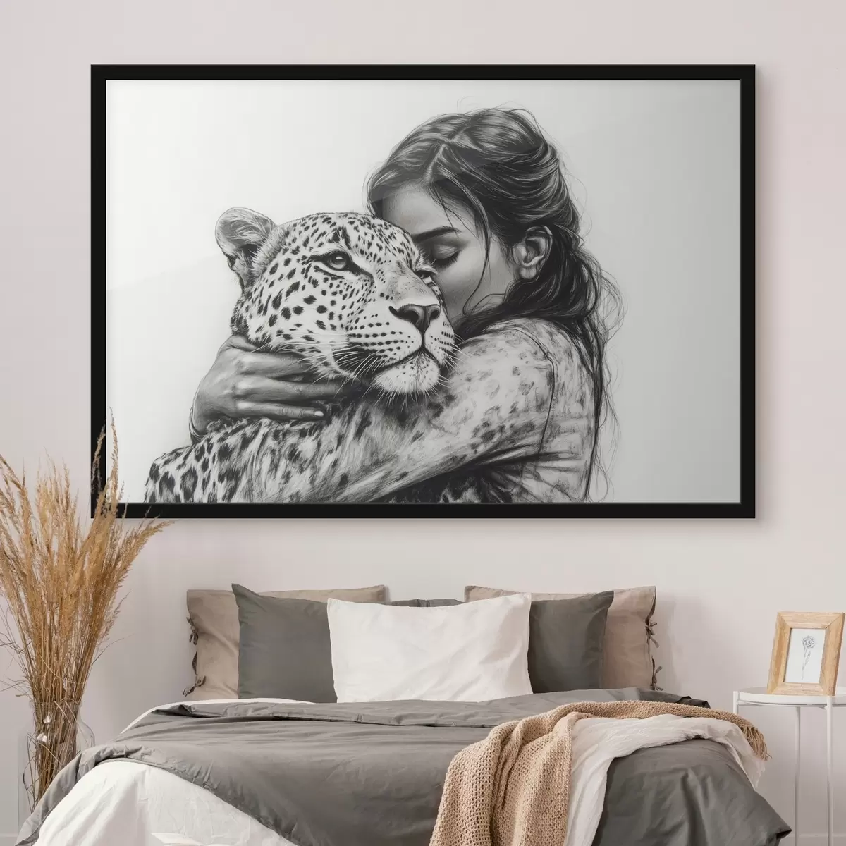 Poster Frau mit Leopard, wilde Tiere, Bleistiftzeichnung, schwarz-weiß f41455