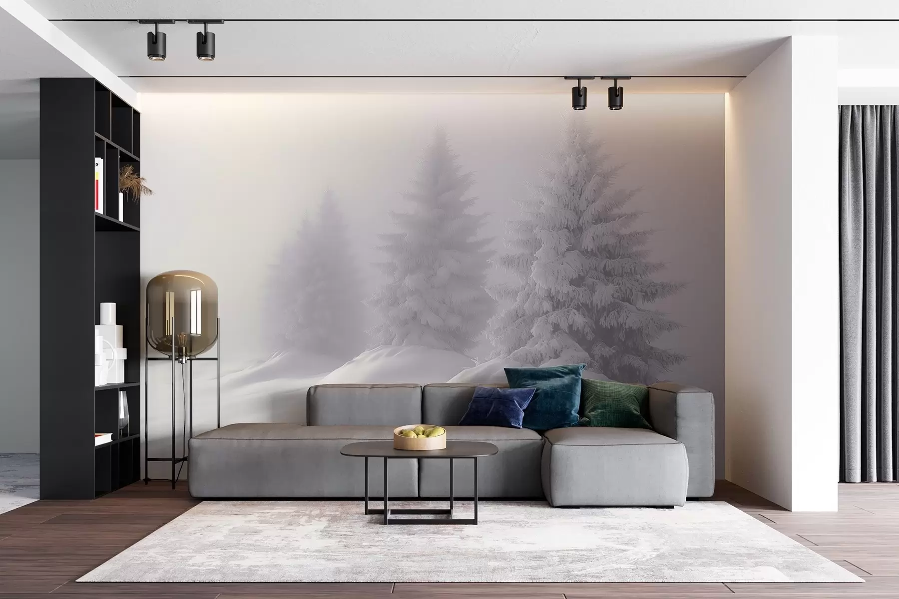 Fototapete Verschneite Tannenbäume in der Einsamkeit eines nebligen Morgens w02065