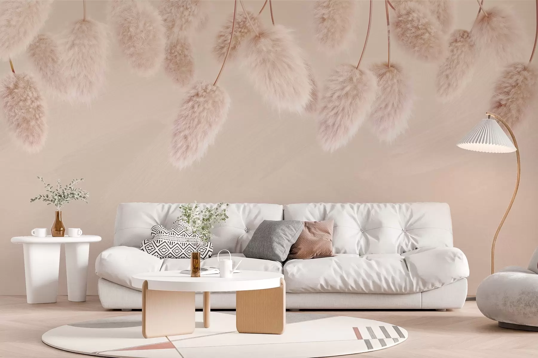 Fototapete Sanfte Laguruswolken vor einem Hintergrund aus zartrosa Strichen w02071