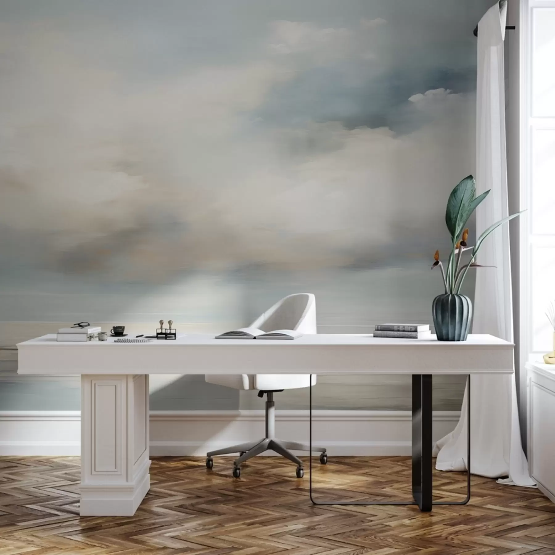 Fototapete Gemalte Aquarelllandschaft mit Wolken und Meer w02116