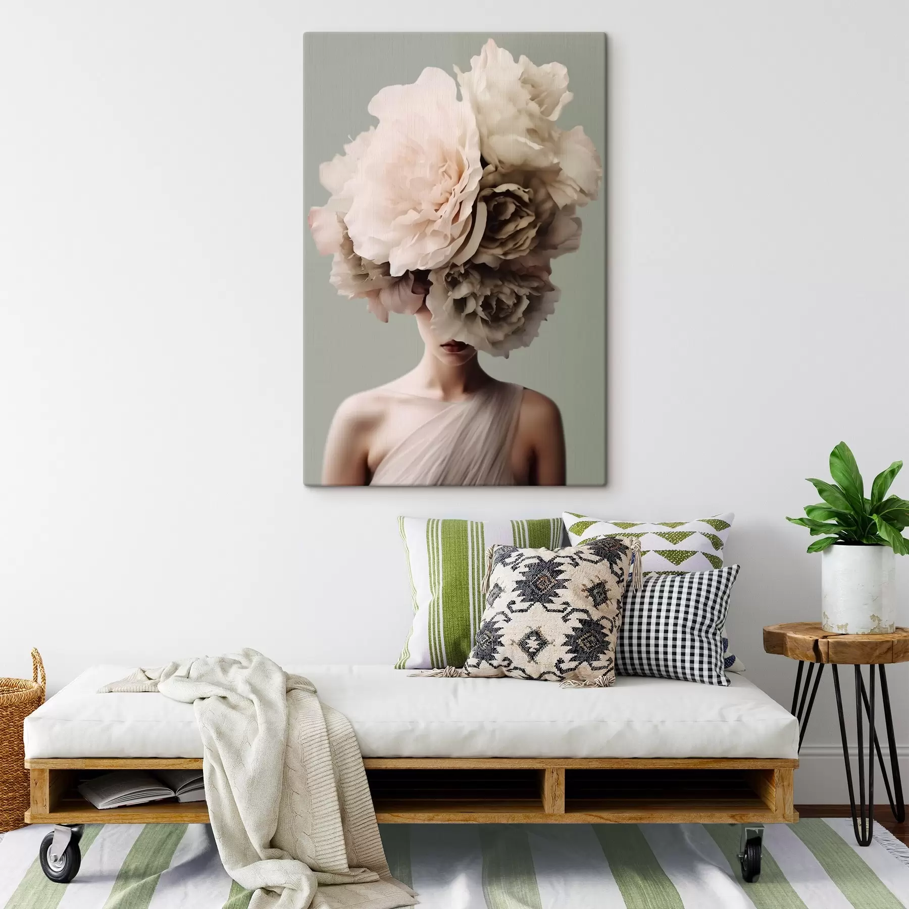 Fototapete Frau mit großen Blumen auf dem Kopf, die ihr Gesicht verdecken s41483