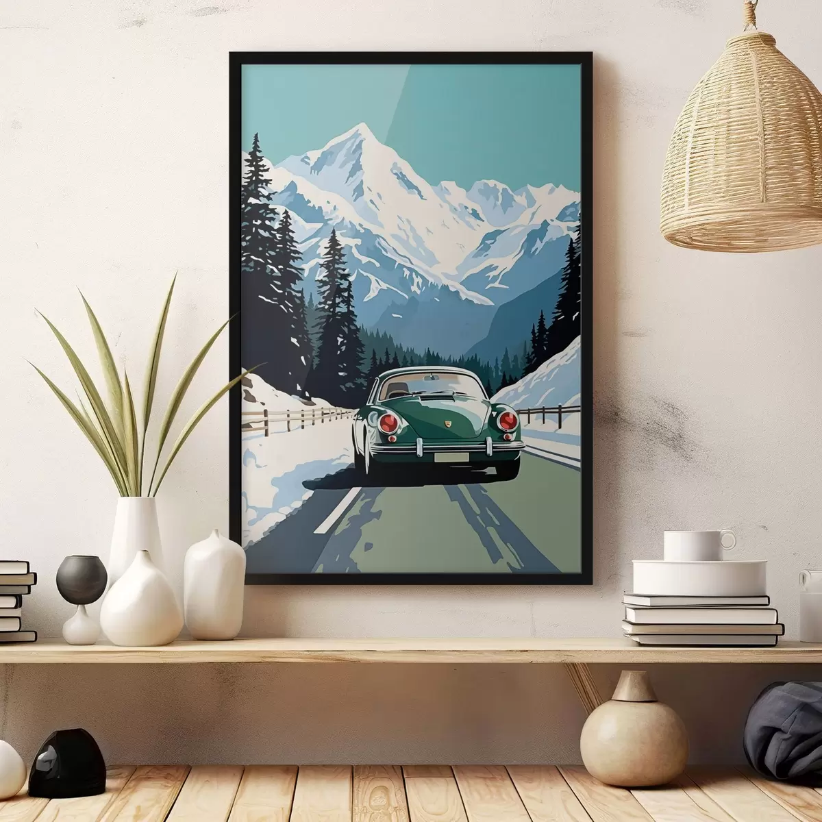 Poster Retro-Auto auf winterlicher Bergstraße f41478