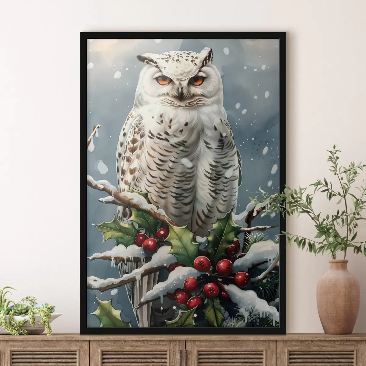 Poster Eule auf einem Winterzweig mit Beeren und Blättern f41482