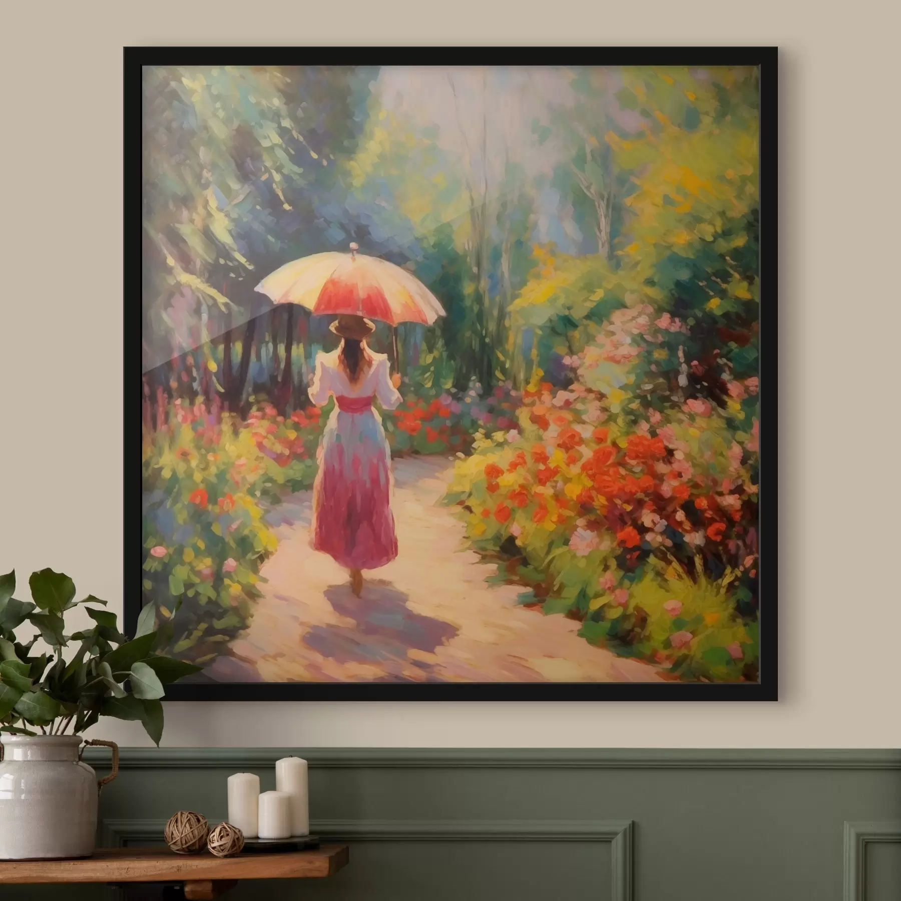 Fototapete Dame mit Regenschirm in einem blühenden Garten f41495