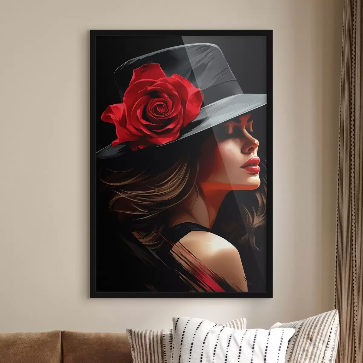 Poster Illustration Mädchen in einem Hut mit einer schönen schicken Rose f41546