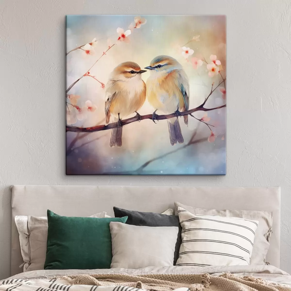 Wandbilder Ein Vogelpaar sitzt auf einem blühenden Zweig s41476