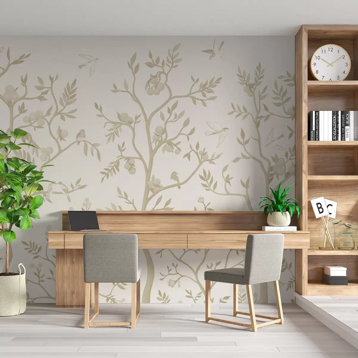 Fototapete Chinoiserie-Muster mit Vögeln, gewundenen Bäumen, Früchten und Blumen in beigefarbener Farbe w02128v1