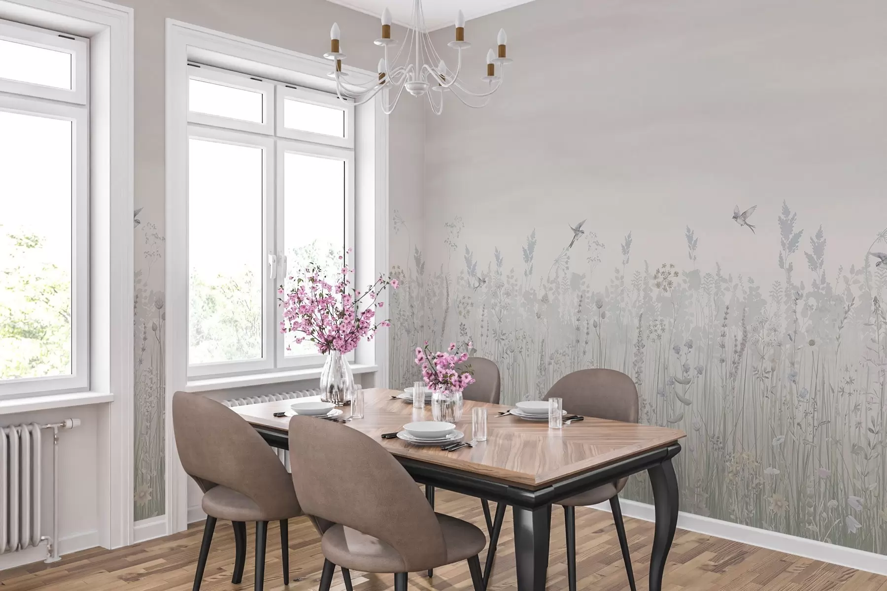 Fototapete Vintage-Wildblumen und Himmel mit Farbverlauf in Pastelltönen w02192