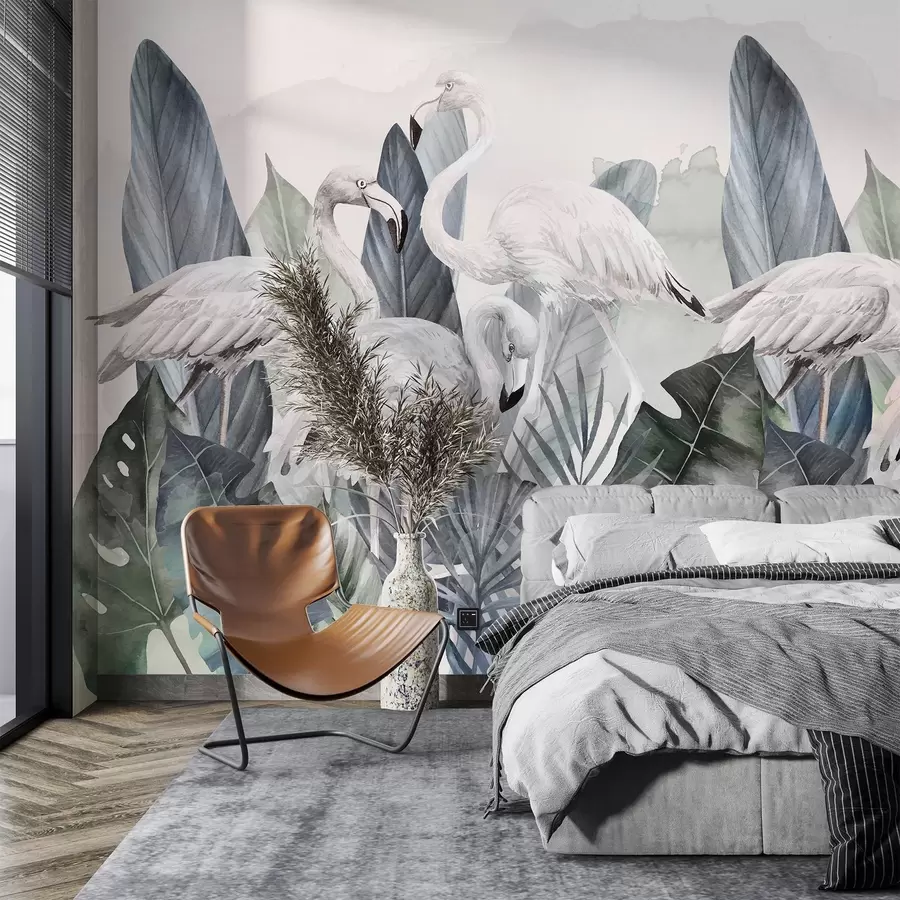 Fototapete Elegante Flamingos inmitten von üppigem Blattwerk w00505v2