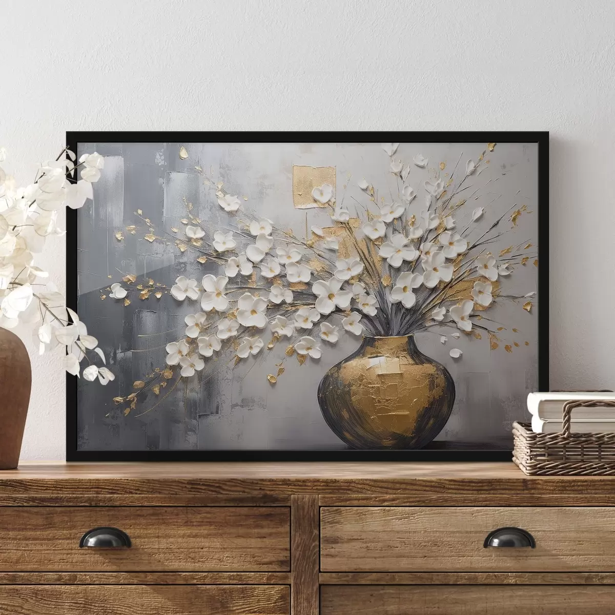 Poster Volumetrische kleine helle Blumen in einer Vase, Nachahmung Ölgemälde f41558