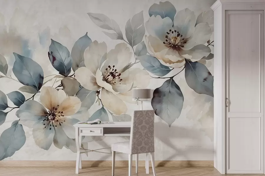 Fototapete Zartes Blumenarrangement mit Aquarellstruktur in Weiß und Blau, mit weichen Blütenblättern und -mitten w08401