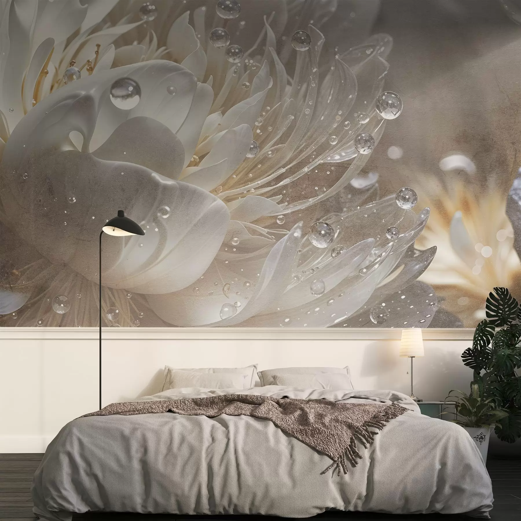 Fototapete Eine Nahaufnahme einer beigen Pfingstrose mit Wassertropfen auf den zarten Blütenblättern, die eine sanfte Atmosphäre schaffen w08402