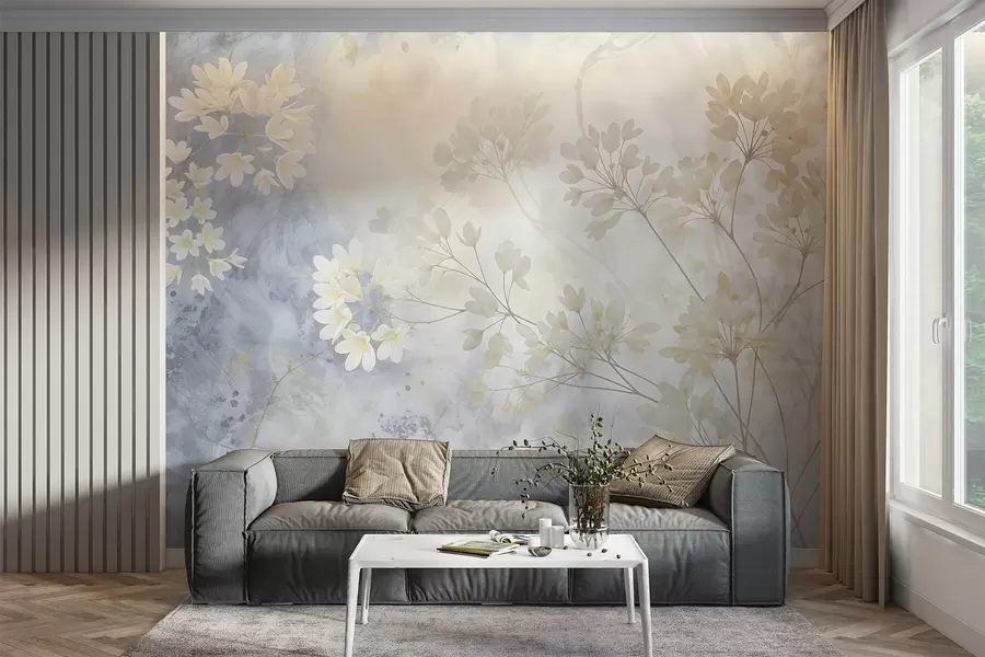 Fototapete Zarte abstrakte Pastell Druck von weißen Blumen auf verschwommenen Hintergrund, weich und ätherisch w08408