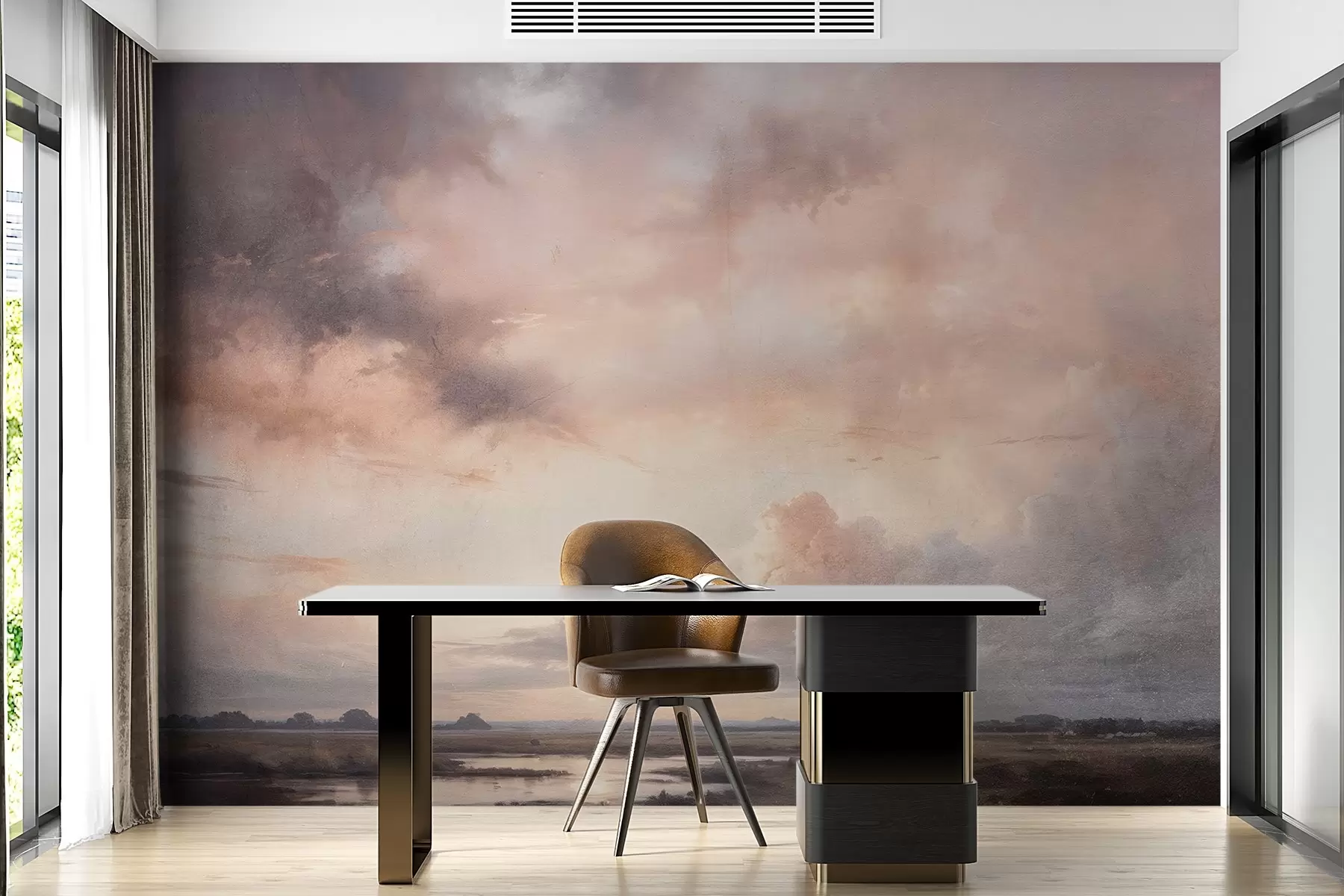 Fototapete Dramatische Landschaft Strukturdruck von bewölktem Himmel über einem ruhigen See bei Sonnenuntergang, mit Hügeln in der Ferne sichtbar w08409