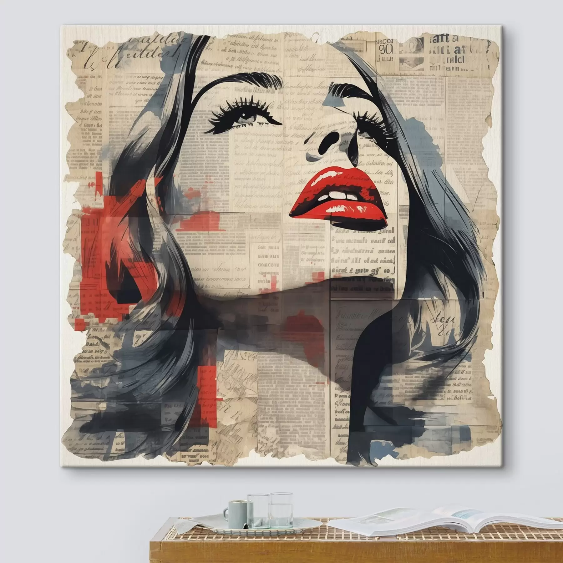 Fototapete Porträt eines Mädchens auf einer alten Zeitung im Collage-Stil s41619