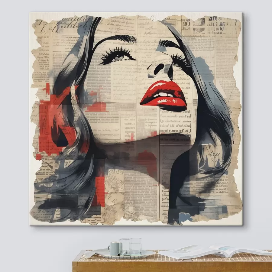 Wandbilder Porträt eines Mädchens auf einer alten Zeitung im Collage-Stil s41619