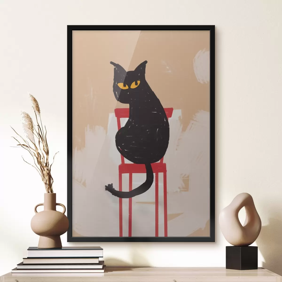 Poster Schwarze Katze sitzt auf rotem Stuhl auf beigem Hintergrund, grobe Striche, Nachahmung der Malerei f41612