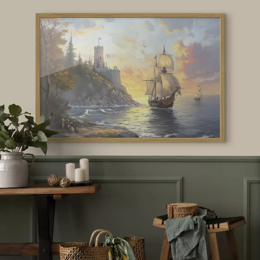 Fototapete schiff in der Nähe des Ufers in der Morgendämmerung f41626