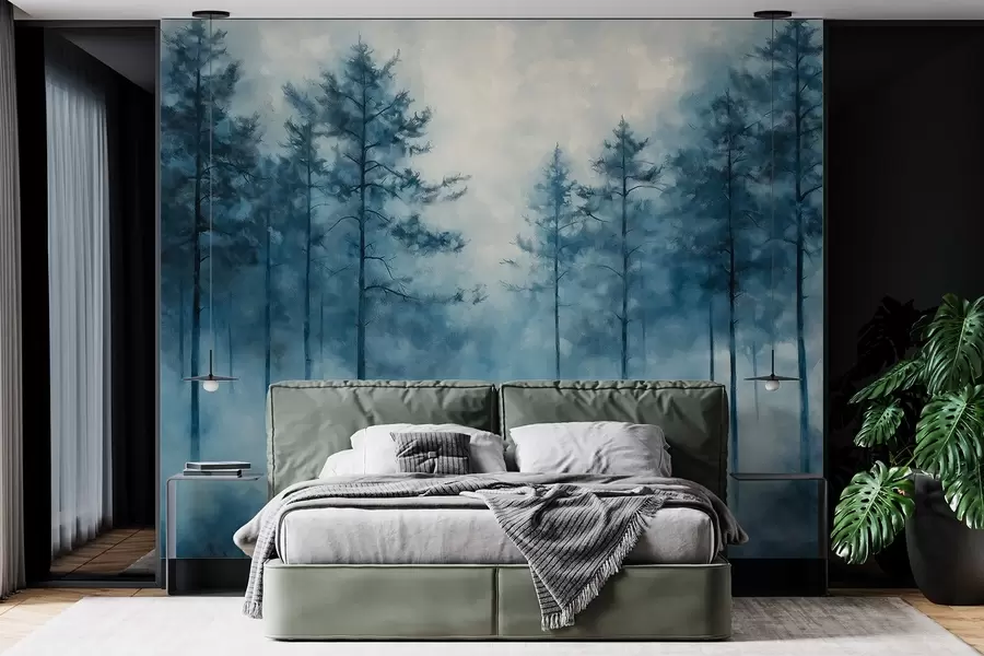 Fototapete Mystischer Wald, Kiefern, Nebel, Acrylfarbe, tiefblaue Farben w02149