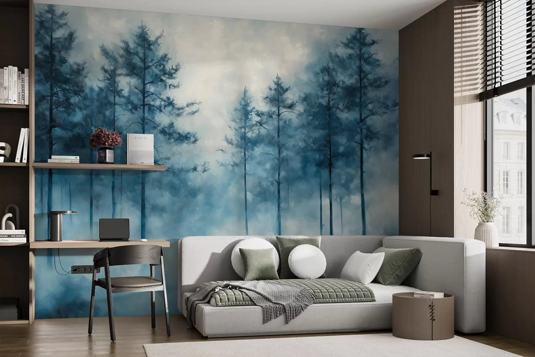 Fototapete Mystischer Wald, Kiefern, Nebel, Acrylfarbe, tiefblaue Farben w02149